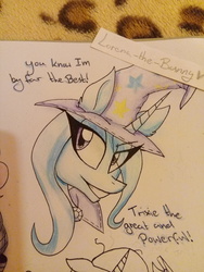 Size: 3120x4160 | Tagged: safe, artist:lorena-the-bunny, trixie, pony, unicorn, g4, cape, clothes, dialogue, female, hat, high res, lidded eyes, solo, traditional art, trixie's cape, trixie's hat
