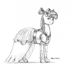 Size: 1400x1287 | Tagged: safe, artist:baron engel, apple bloom, earth pony, pony, g4, bow, clothes, dress, female, filly, grayscale, hair bow, looking at you, monochrome, pencil drawing, simple background, sketch, smiling, solo, traditional art, white background