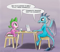 Size: 1121x968 | Tagged: safe, artist:el-yeguero, princess ember, spike, dragon, g4, book, bowl, comic, computer, dialogue, dragoness, female, gem, glass, just friends, laptop computer, looking at each other, male, milk, open mouth, sitting, smiling, spread wings, stool, table, wings
