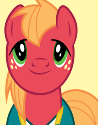 Size: 434x554 | Tagged: safe, big macintosh, earth pony, pony, g4, official, bust, lidded eyes, looking at you, male, simple background, smiling, solo, yellow background