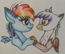 Size: 1825x1542 | Tagged: safe, artist:raritylover152, gilda, rainbow dash, griffon, pegasus, pony, g4, duo, ear fluff, female, filly, friends, looking at each other, not shipping, simple background, smiling, sternocleidomastoid, traditional art, younger