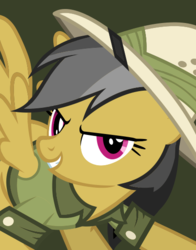 Size: 434x554 | Tagged: safe, daring do, pegasus, pony, g4, official, brown background, clothes, female, hat, looking at you, simple background, smiling, solo, spread wings, wings