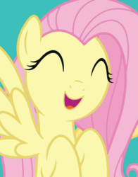 Size: 434x554 | Tagged: safe, fluttershy, pegasus, pony, g4, official, cute, eyes closed, female, flying, open mouth, shyabetes, simple background, smiling, solo, spread wings, teal background, wings