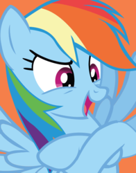 Size: 434x554 | Tagged: safe, rainbow dash, pegasus, pony, official, crossed hooves, female, flying, open mouth, orange background, simple background, smiling, solo, spread wings, wings