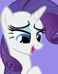 Size: 434x554 | Tagged: safe, rarity, pony, unicorn, g4, official, female, lidded eyes, looking down, open mouth, purple background, simple background, smiling, solo