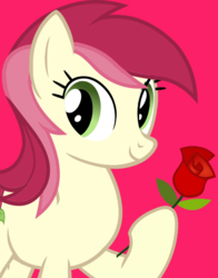 Size: 434x554 | Tagged: safe, roseluck, earth pony, pony, g4, official, dexterous hooves, female, flower, hoof hold, mare, reading, red background, rose, show accurate, simple background, smiling, solo