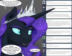 Size: 3960x3060 | Tagged: safe, artist:silfoe, nightmare moon, alicorn, pony, moonsetmlp, g4, alternate universe, crown, dialogue, female, high res, implied twilight sparkle, jewelry, mare, offscreen character, regalia, solo, tumblr