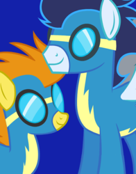 Size: 434x554 | Tagged: safe, blaze, soarin', pegasus, pony, g4, official, blue background, duo, error, simple background, smiling, spread wings, wings
