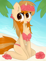 Size: 600x800 | Tagged: safe, artist:fluttershy369, oc, oc only, unicorn, anthro, unguligrade anthro, :p, anthro oc, beach, bikini, breasts, cleavage, clothes, female, solo, swimsuit, tongue out