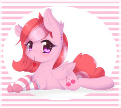 Size: 2933x2620 | Tagged: safe, artist:togeticisa, oc, oc only, oc:cherry splash, pegasus, pony, cherry, clothes, female, food, high res, mare, prone, socks, solo, striped socks