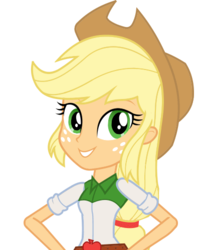 Size: 395x500 | Tagged: safe, applejack, equestria girls, g4, official, female, freckles, hand on hip, looking at you, simple background, solo, transparent background, vector