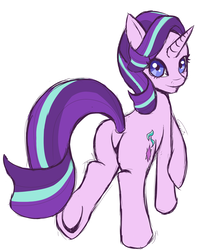 Size: 1280x1512 | Tagged: safe, artist:suziouwabami, starlight glimmer, pony, unicorn, g4, blue eyes, butt, featureless crotch, female, looking at you, looking back, mare, plot, rear view, simple background, sketch, solo, white background