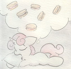 Size: 683x661 | Tagged: safe, artist:slightlyshade, sweetie belle, g4, cookie, dream, female, food, pillow, sleeping, solo, traditional art