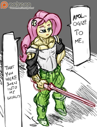 Size: 960x1260 | Tagged: safe, artist:smudge proof, fluttershy, equestria girls, g4, badass, clothes, cosplay, costume, escanor, escanor the lion's sin of pride, flutterbadass, muscles, patreon, patreon logo, praise the sun, the seven deadly sins, this will end in tears and/or death