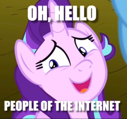 Size: 736x692 | Tagged: safe, edit, edited screencap, screencap, starlight glimmer, pony, unicorn, g4, no second prances, abashed, breaking the fourth wall, cropped, faic, female, fourth wall, hello, image macro, looking at you, mare, meme, open mouth, reaction image, smiling, solo, surprised, talking, uncertain