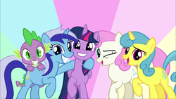 Size: 1920x1080 | Tagged: safe, screencap, lemon hearts, minuette, spike, twilight sparkle, twinkleshine, alicorn, dragon, pony, unicorn, amending fences, g4, season 5, butt touch, dragons riding ponies, female, grin, group, hand on butt, hug, implied moondancer, looking at you, male, mare, one eye closed, raised hoof, riding, smiling, spike riding minuette, twilight sparkle (alicorn), wink