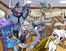 Size: 1700x1313 | Tagged: safe, artist:starbat, discord, gilda, iron will, limestone pie, trixie, oc, oc:dr. wolf, earth pony, griffon, minotaur, pony, unicorn, wolf, g4, abs, anger management, banner, cape, chair, clothes, ear fluff, eyes closed, female, fight, gritted teeth, hat, laughing, manipulation, mare, open mouth, puppet strings, sign, smiling, spread wings, trixie's cape, trixie's hat, wings