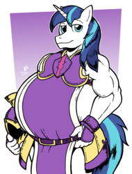 Size: 1067x1406 | Tagged: safe, artist:duragan, shining armor, unicorn, anthro, g4, armor, belly, belt, bhm, big boys, bipedal, captain, fat, handsome, male, musclegut, royal guard, shining blubber, smug, solo, strong fat, tight clothing, weight gain