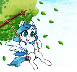 Size: 2543x2369 | Tagged: safe, artist:sunnyhoneybone, oc, oc only, oc:sapphire heart song, pegasus, pony, art trade, chibi, cutie mark, high res, leaves, swing, tree
