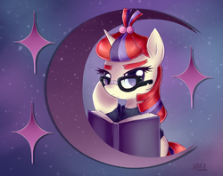 Size: 1138x900 | Tagged: dead source, safe, artist:nika191319, moondancer, pony, unicorn, g4, book, clothes, crescent moon, cute, cutie mark, female, glasses, looking at you, mare, moon, solo, sweater