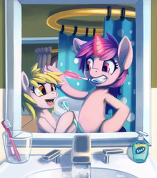Size: 3332x3787 | Tagged: safe, artist:ligerstorm, amethyst star, dinky hooves, sparkler, pony, g4, bathroom, brushing, hand soap, high res, levitation, magic, mirror, open mouth, sink, teaching, telekinesis, toothbrush, water