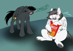 Size: 749x531 | Tagged: safe, oc, oc only, oc:lightning chaser, oc:marshmallow fluffbutt, cheez-it, eating, yelling