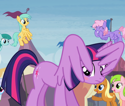 Size: 1264x1074 | Tagged: safe, screencap, apple cobbler, linky, rainbowshine, red gala, shoeshine, spring melody, sprinkle medley, sunshower raindrops, twilight sparkle, alicorn, earth pony, pegasus, pony, g4, trade ya, adorkable, apple family member, blushing, covering, cropped, cute, dork, embarrassed, eyes closed, facewing, female, floating, frown, gritted teeth, happy, hiding behind wing, hub logo, mare, observer, open mouth, raised hoof, shy, smiling, twilight sparkle (alicorn), wing hands, wings