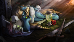 Size: 1920x1080 | Tagged: safe, artist:apostolllll, oc, oc only, firefly (insect), pegasus, pony, unicorn, campfire, chest, commission, crepuscular rays, cuddling, featured image, female, flower, lantern, looking at you, lying down, male, mare, oc x oc, on back, prone, rose, shield, shipping, stallion, straight, sword, unshorn fetlocks, weapon