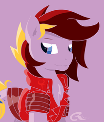 Size: 1090x1280 | Tagged: safe, artist:stec-corduroyroad, oc, oc only, oc:corduroy road, earth pony, pony, clothes, cutie mark, digital art, jacket, long mane, looking at you, male, pink, red, smiling, stallion