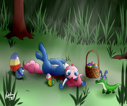 Size: 1200x1000 | Tagged: safe, artist:ollofkyser, gummy, pinkie pie, alligator, earth pony, pony, g4, animal costume, basket, bunny costume, bunny ears, clothes, costume, cute, easter, easter egg, female, looking at you, lying, mare, on back, pet, silly, tongue out