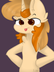 Size: 600x800 | Tagged: safe, artist:fluttershy369, oc, oc only, oc:butterscotch, pony, unicorn, bipedal, chest fluff, female, mare, solo, tongue out