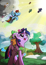 Size: 2480x3508 | Tagged: safe, artist:rainihorn, rainbow dash, spike, twilight sparkle, alicorn, dragon, pony, g4, winter wrap up, cloud, crepuscular rays, goggles, high res, leaves, river, ruffled hair, snow, tree, twilight sparkle (alicorn), winter wrap up vest