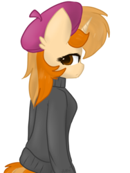 Size: 600x800 | Tagged: safe, artist:fluttershy369, oc, oc only, oc:butterscotch, unicorn, anthro, anthro oc, beret, clothes, female, simple background, solo, sweater, transparent background