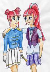 Size: 2081x2964 | Tagged: safe, artist:40kponyguy, derpibooru exclusive, majorette, sour sweet, sweeten sour, equestria girls, friendship games, baton, clothes, crystal prep academy uniform, cute, female, gloves, looking at each other, pleated skirt, ponytail, requested art, school uniform, simple background, sisters, skirt, sweetly and sourly, traditional art, twin sisters, white background