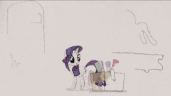 Size: 595x335 | Tagged: safe, rarity, pony, g4, animated, fabric, female, gif, glowing horn, horn, magic, mannequin, notebook, peek behind the boutique, quill, solo, telekinesis, watercolor painting, youtube link