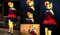 Size: 3300x1920 | Tagged: safe, artist:dashie116, sunset shimmer, bird, anthro, plantigrade anthro, equestria girls, g4, 3d, beautiful, clothes, cute, dress, eyes closed, female, flower, open mouth, rose, shimmerbetes, solo