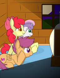 Size: 2550x3300 | Tagged: safe, artist:skyflys, apple bloom, scootaloo, sweetie belle, earth pony, pegasus, pony, unicorn, g4, backwards cutie mark, colored pupils, crt monitor, cutie mark crusaders, female, filly, high res, sleepover, television