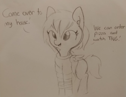 Size: 1280x986 | Tagged: safe, artist:tjpones, oc, oc only, pegasus, pony, black and white, clothes, dialogue, earbuds, grayscale, lineart, monochrome, solo, star trek, star trek: the next generation, traditional art
