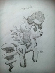 Size: 3120x4160 | Tagged: dead source, safe, artist:php142, vapor trail, pegasus, pony, g4, chest fluff, female, flying, happy, high res, monochrome, pencil drawing, shading, solo, traditional art