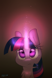 Size: 1280x1920 | Tagged: safe, artist:fluffyxai, twilight sparkle, pony, g4, chest fluff, detailed eyes, female, glowing, glowing horn, horn, looking up, signature, solo, sparkles