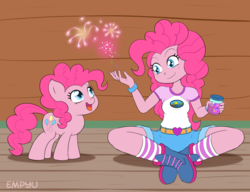 Size: 1000x767 | Tagged: safe, artist:empyu, pinkie pie, human, pony, equestria girls, g4, my little pony equestria girls: legend of everfree, belt buckle, boots, bracelet, camp everfree outfits, chibi, clothes, cute, diapinkes, duality, duo, heart, human ponidox, jewelry, open mouth, self ponidox, shorts, sitting, socks, striped socks