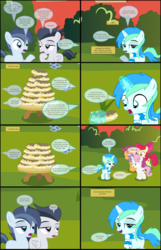 Size: 4501x7000 | Tagged: safe, artist:cyanlightning, apple bloom, rumble, scootaloo, shady daze, sweetie belle, oc, oc:cyan lightning, earth pony, pegasus, pony, comic:cyan's adventure, g4, .svg available, absurd resolution, clothes, colt, comic, cutie mark crusaders, eclair, food, fourth wall, looking at you, magic, male, ribbon, scarf, smug, table, vector