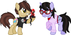 Size: 1881x947 | Tagged: safe, artist:lightningbolt, derpibooru exclusive, oc, oc:mave, alp-luachra, earth pony, original species, pony, unicorn, g4, .svg available, 3:, backing away, badumsquish approved, brendon urie, casual, clothes, cute, cutie mark, excited, eye contact, female, frown, glasses, hair over one eye, happy, hoodie, hoof hold, lidded eyes, long mane, long tail, looking at each other, male, nervous, open mouth, panic! at the disco, ponified, raised hoof, raised leg, ryan ross, scared, shirt, show accurate, simple background, sitting, size difference, smiling, stallion, standing, svg, t-shirt, tail between legs, transparent background, trio, underhoof, undershirt, vector, worried, zipper