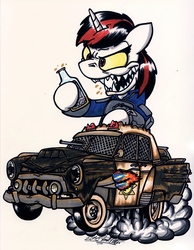 Size: 2536x3269 | Tagged: safe, artist:sketchywolf-13, oc, oc only, oc:blackjack, fallout equestria, fallout equestria: project horizons, alcohol, car, high res, police car, rat fink, whiskey