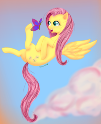 Size: 768x944 | Tagged: dead source, safe, artist:redeverose, fluttershy, butterfly, pegasus, pony, g4, butt, cloud, female, flying, plot, solo