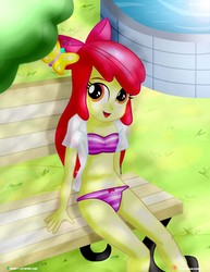 Size: 1500x1942 | Tagged: safe, artist:dieart77, apple bloom, butterfly, equestria girls, g4, belly button, bikini, bow, clothes, female, fountain, hair bow, looking at you, multiple variants, needs more jpeg, open clothes, open mouth, smiling, solo, striped swimsuit, swimsuit