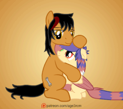 Size: 675x600 | Tagged: safe, artist:age3rcm, oc, oc only, oc:vectorbrony, unnamed oc, earth pony, pegasus, pony, unicorn, animated, commission, cuddling, duo, gif, heartwarming, heterochromia, patreon, patreon logo, petting, show accurate, smiling, snuggling