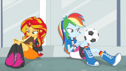 Size: 1280x720 | Tagged: safe, screencap, rainbow dash, sunset shimmer, equestria girls, g4, my little pony equestria girls: rainbow rocks, ball, book, boots, clothes, compression shorts, courtyard, female, football, jacket, journal, leather jacket, sitting, skirt, socks, waiting, wristband