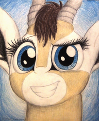 Size: 1072x1316 | Tagged: safe, artist:thefriendlyelephant, oc, oc only, oc:salma, antelope, gazelle, animal in mlp form, awkward smile, big ears, bust, close-up, horns, portrait, smiling, solo, traditional art