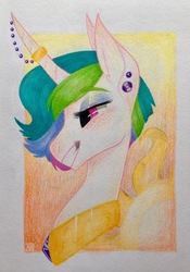 Size: 2427x3477 | Tagged: safe, artist:faygobushjugalo77, princess celestia, alicorn, pony, g4, alternate hairstyle, blushing, bust, cute, cutelestia, ear piercing, eyeshadow, female, freckles, grin, high res, horn, horn jewelry, horn ring, jewelry, lidded eyes, makeup, mare, peytral, piercing, portrait, punklestia, short hair, short mane, smiling, smirk, solo, sun, traditional art, younger